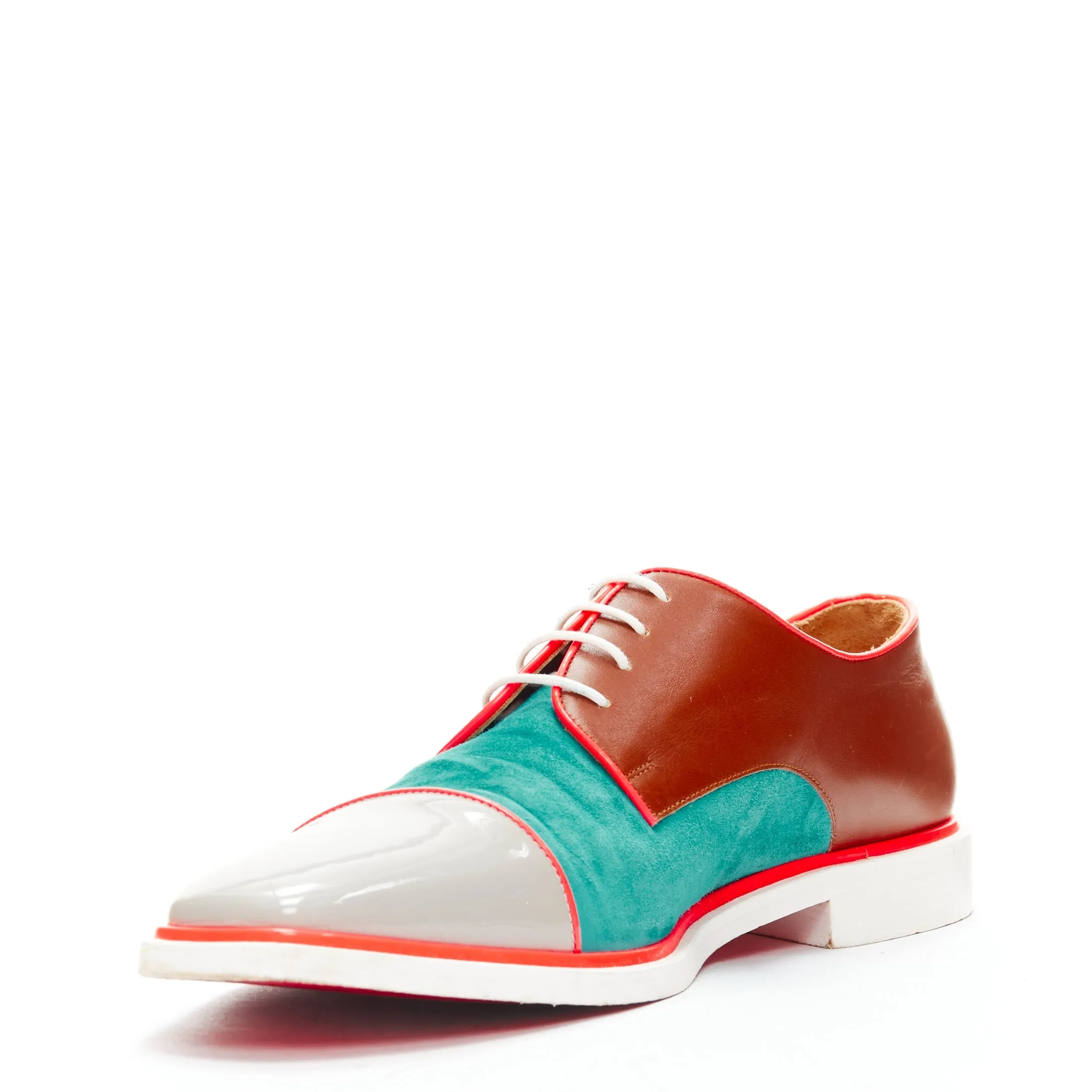 CHRISTIAN LOUBOUTIN green suede neon piping brown brogues EU42.5
