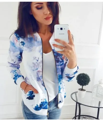Fashion Printed Varsity Round Neck Zipper Long Sleeve Coat | Brodtica.com