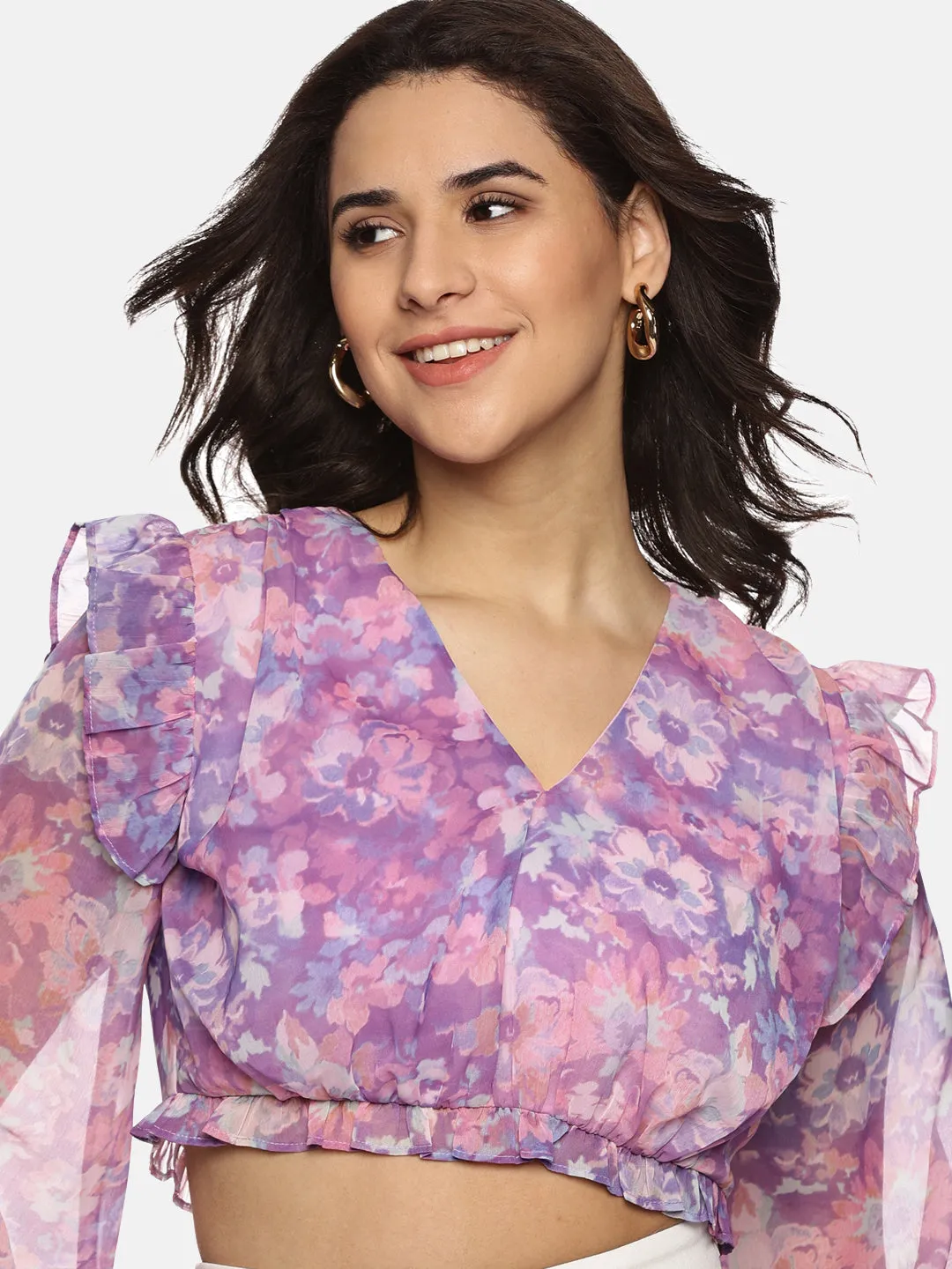 IS.U Floral Purple Front Gathered Crop Top