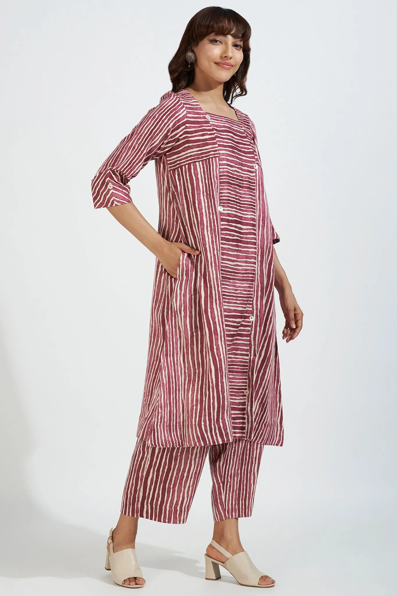 square neck paneled kurta - majestic magenta & splendor stripes